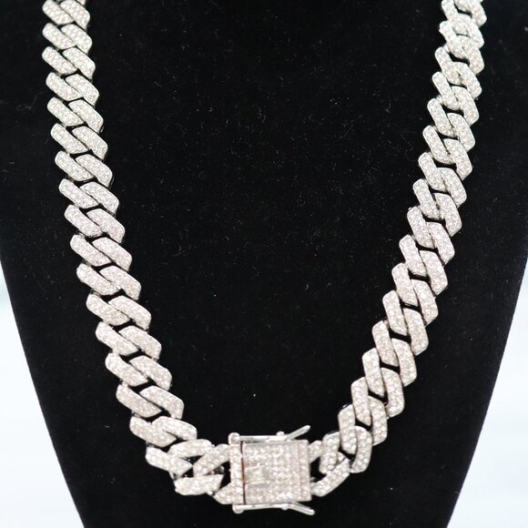 14mm 20inches Cuban Ice Curb Diamond Chain Silver Plated Necklace with Rhineston - Picture 2 of 4